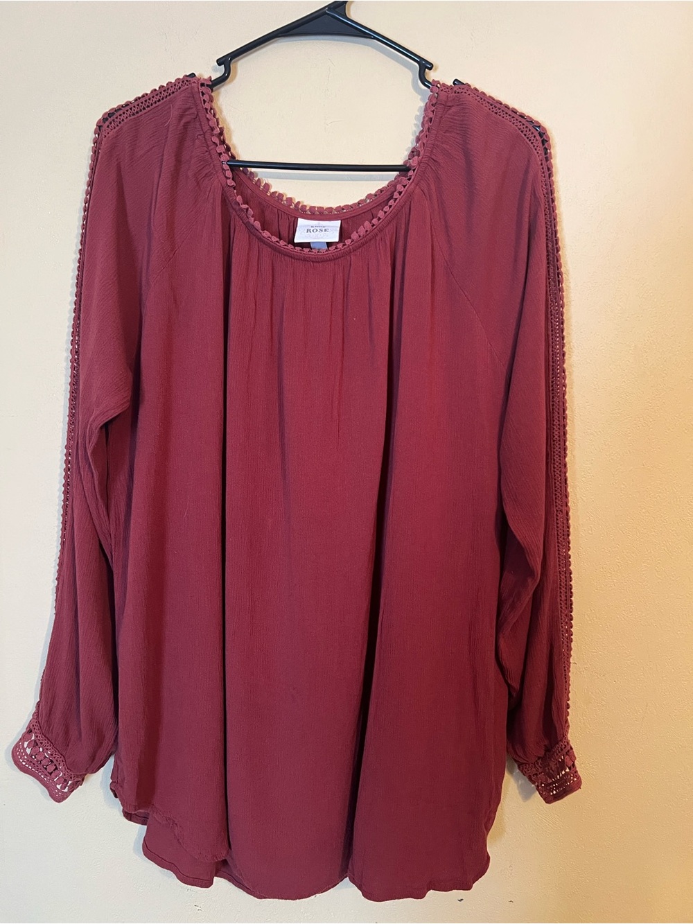 Knox Rose Burgundy Crochet-Trim Long Sleeve Peasant Top